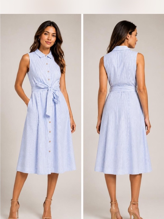 Anne Klein Dresses & Skirts - 👗 Anne Klein | Seersucker Midi Shirtdress | No Tag ~Size 8-10 | Blue & White